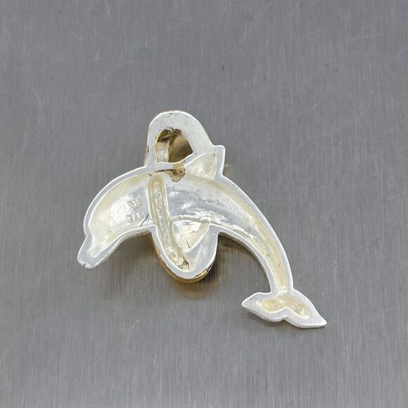 Vintage FAS Sterling Silver 925 Dolphin Jumping Through A Gold Tone Hoop Pendant - Picture 4 of 7